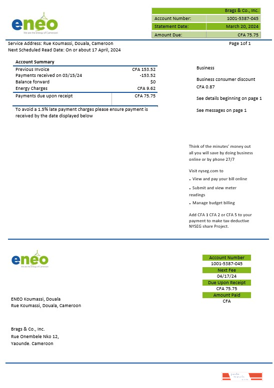 Cameroon ENEO electricity business utility bill template in Word and Pdf formats